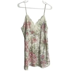 Vintage Deena Satin Chemise‎ Camisole Womens M Cream Pink Floral Lace V Neck USA